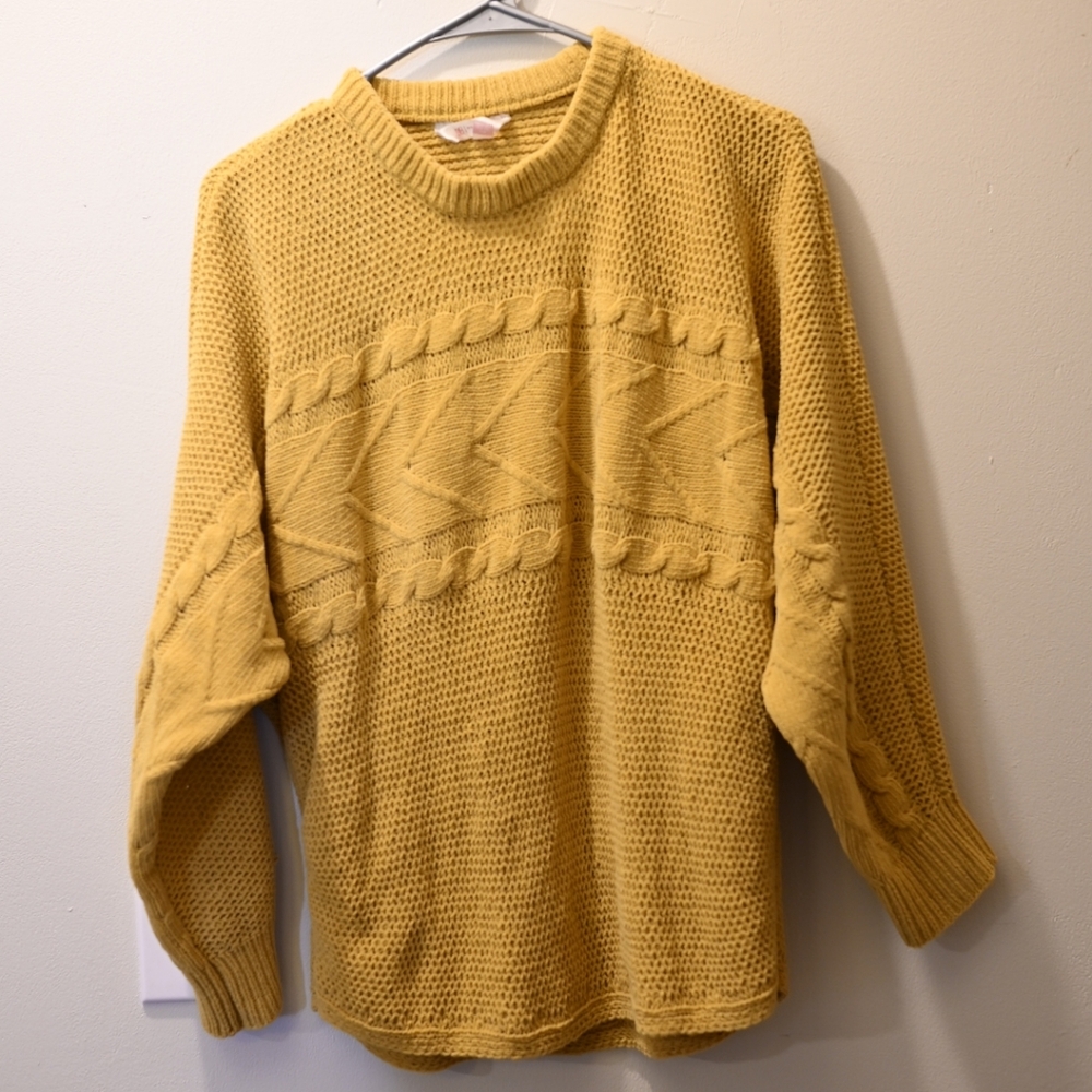 Yellow Mustard Loose Knit Sweater Fisherman Grandmacore Librarian Layering L